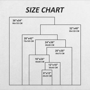 May include: A size chart with dimensions in inches and centimeters. The chart displays various rectangular sizes, including 36"x54" (90x135 cm), 32"x48" (80x120 cm), 28"x42" (70x105 cm), 24"x36" (60x90 cm), 20"x30" (50x75 cm), 16"x24" (40x60 cm), 12"x18" (30x45 cm), and 8"x12" (20x30 cm). The text "SIZE CHART" is at the top.
