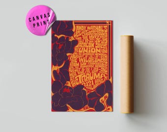 May include: A vintage-style canvas print featuring a concert poster for Andy Warhol's Velvet Underground and The Muffins, with floral accents in shades of purple, orange, and red. The poster includes event details and the text "CANVAS PRINT".