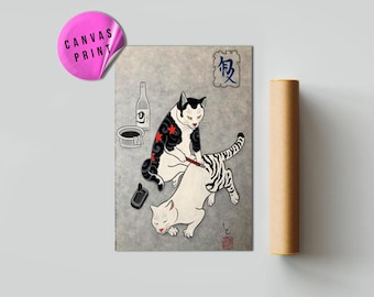 Japanese Samurai Tattoo Cat Print, Japanese Cat Wall Art, Traditional Ukiyo-e Style Cat Painting, Retro Japanese Poster, Cat Lover Gift