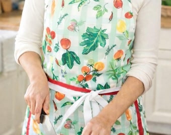 Handmade Kitchen Cotton Bib Apron - Colorful Vegetable Print, Cooking, Gardening, Crafting Apron