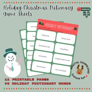 Può includere: Fogli di gioco di Pictionary natalizio con un'illustrazione di pupazzo di neve. I fogli presentano un'intestazione rossa con il testo "Holiday Pictionary" e parole a tema natalizio come "Christmas tree" e "Santa Claus". Include 11 pagine stampabili e 98 parole di pictionary natalizio.