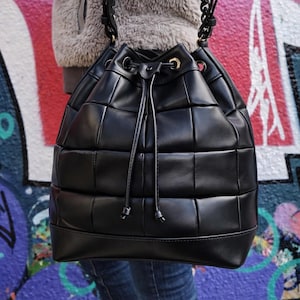 Patchwork Leather Bucket Bag, Genuine Calfskin Women Purse, Large Handmade Bag, Elegant Unique Shoulder Bag, Quality Product from Greece