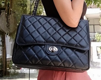 Sac à bandoulière XL DIAMONDS en cuir véritable de style classique, sac élégant matelassé, sac minimaliste, sac bandoulière noir emblématique, sac tendance éternel