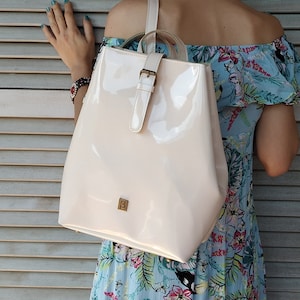 Patent PU Leather Minimalist Backpack, Elegant Backpack for Women, Shiny Backpack, High Quality Vegan Leather Backpack, Handmade Greek Bag