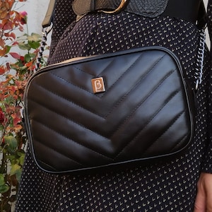 Genuine Leather Camera Bag, Quilted Medium Size Bag, Chevron Crossbody Bag, Luxurious & Elegant Purse, Handmade Greek Product
