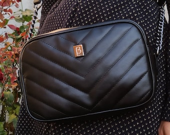 Bolso de piel auténtica para cámara, bolso acolchado mediano, bandolera con motivo de chevrón, bolso lujoso y elegante, producto griego hecho a mano.