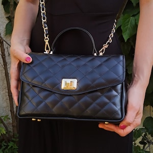 Diamanten Stil Echtleder Umhängetasche, Leder Innenausstattung, Elegante Tasche mit Griff, Gesteppte Umhängetasche, Handgefertigtes Griechisches Produkt