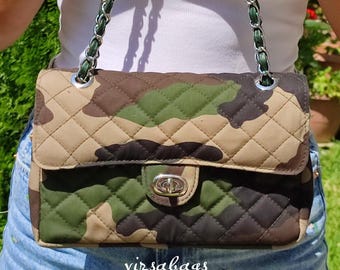 Army Style Quilted Purse, Camo Shoulder Bag, Convertible Crossbody Bag, High Quality Military Leather Handbag, Handmade Product from Greece