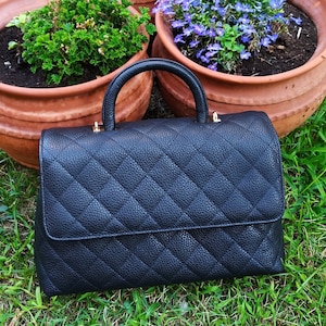 Classic Style Genuine Caviar Leather Bag, Quilted Elegant Large Bag, Top Handle Bag, Convertible Shoulder Bag, Handmade Greek Product