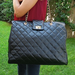 XXL Diamanten Tasche aus echtem Kalbsleder, Gestepptes Leder Weekender Tasche, Elegante Reisetasche für Frauen, Handgemacht in Griechenland