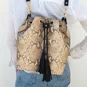 Snakeskin Style Genuine Leather Bucket Bag: Convertible Backpack, Versatile Shoulder Bag, Handmade Product from Greece