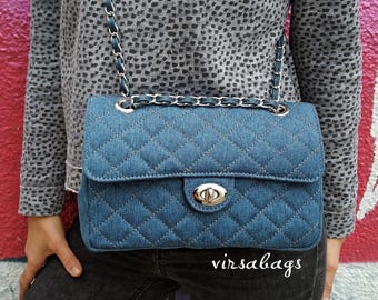 DENIM Diamonds Shoulder Bag, Classic Elegant Quality Handbag, Quilted Vegan Bag, Medium Size Crossbody Bag, Handmade Product from Greece