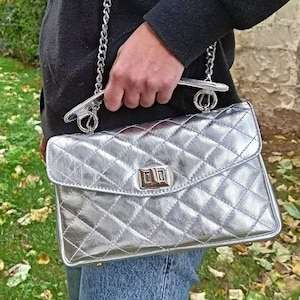 Metallic Diamonds Genuine Leather Shoulder Bag, Leather Interior Elegant Top Handle Bag, Quilted Evening Flap Bag, Handmade Greek Purse
