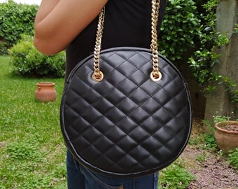 Diamonds Style Round Genuine Leather Shoulder Bag, Quilted Elegant Large Bag, Minimalist Round Bag, Women Handbag, Eternal Fashion Bag