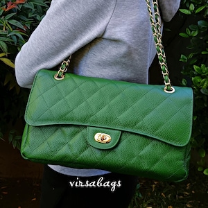 ETERNAL DIAMONDS Genuine Grained Leather Shoulder Bag, Elegant Quilted Large Bag, Convertible Crossbody Bag for Women, Handmade Greek Bag