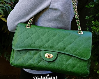 ETERNAL DIAMONDS Bolso de hombro de piel granulada auténtica, elegante bolso grande acolchado, bandolera convertible para mujer, bolso griego hecho a mano