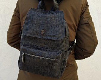 Snake Style Genuine Leather Backpack, Medium Size Calfskin Bag, Snake Skin Style Leather Handmade Bag, Many Colours Available, Greek Product