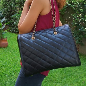 XL DIAMONDS Echtleder Umhängetasche, gesteppte elegante Shopper-Tasche, Bürotasche, kultige schwarze Einkaufstasche, handgefertigte Ledertasche