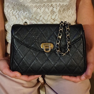 Black Diamond Genuine Grained Leather Quilted Purse, Medium Size Crossbody Bag, Leather Interior Handbag, Premium Quality Handmade Greek Bag