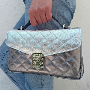 CAVIAR LEATHER DIAMONDS Purse, Elegant Top Handle Genuine Leather Bag, Leather Interior Bag, Crossbody Classic Bag, Handmade Bag from Greece