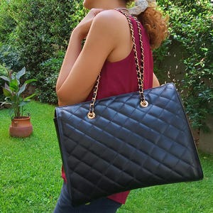 XL Quilted Leather Tote, Genuine Calfskin Shopper Bag, Diamonds Shopping Tote, Luxurious Elegant Women Purse, Handmade Product from Greece