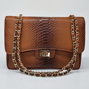 CHANEL Timeless Classic Flap Python Shoulder Bag Brown