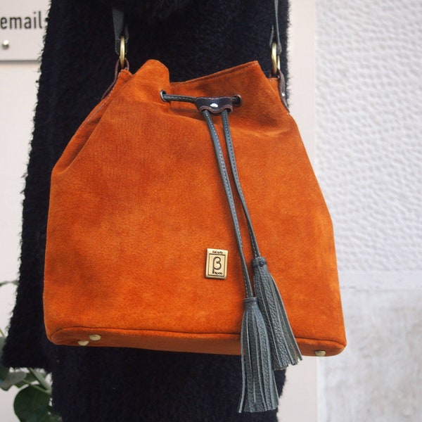 Excellent Quality Genuine Suede Leather Bucket Bag, Orange Crossbody Bag, Large Size Shoulder Bag, Handmade Purse, Made in Greece