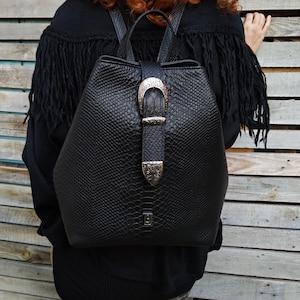 Snakeskin Style Leather Backpack, Genuine Calfskin Women Backpack, Large Purse, Unique Elegant Backpack, Handmade Bag from Greece