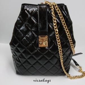 Shiny Diamond Leather Backpack, Quilted Patent Leather Bag, Genuine Leather Large Backpack, Elegant Women Purse, Handmade Purse from Greece