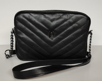 Bolso de piel auténtica para cámara, bolso acolchado grande, bandolera con estampado de chevrones, bolso lujoso y elegante, producto griego hecho a mano.