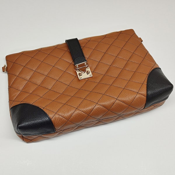 Diamonds Caviar Leather Purse, Genuine Grained Leather Handbag, Quilted Large Envelope Bag, Handmade Shoulder Bag, Product Made in Greece
