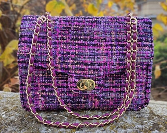 Top Quality Tweed Large Shoulder Bag, Double Flap Boho Bag