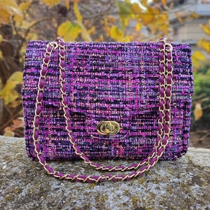 Hochwertige Tweed Große Umhängetasche, Elegante Boho Doppel Flap Bag, Handgefertigte Abend Ledertasche, Crossbody Bag, Produkt Made in Griechenland