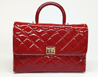 Genuine Patent Leather Max Flap Bag Quilted Elegant Large 