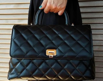 Bolso de mano grande con asa superior y detalles de diamantes, de piel auténtica, convertible en bolso de hombro acolchado, lujoso bolso de solapa para mujer, producto griego hecho a mano.