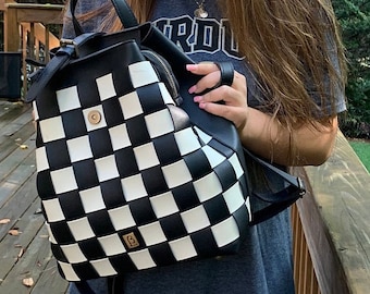 Mochila retro, mochila bicolor, bolso de piel sintética de alta calidad, bolso de mujer, monedero grande, producto artesanal hecho en Grecia.