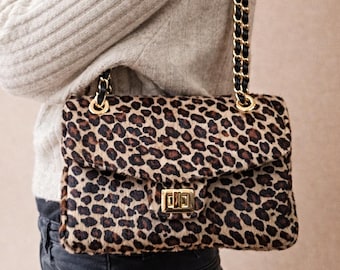 Genuine Leather Leopard Flap Bag, Excellent Quality Fur Purse, Medium Size Shoulder Bag, Double Strap Crossbody Bag, Handmade Greek Product