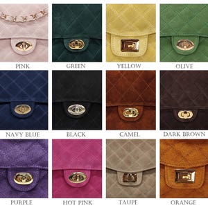 May include: A collection of quilted handbags in various colors including beige, pink, green, yellow, olive, burgundy, grey, navy blue, black, camel, dark brown, khaki, red, purple, hot pink, taupe, and orange, each featuring a metallic twist lock.