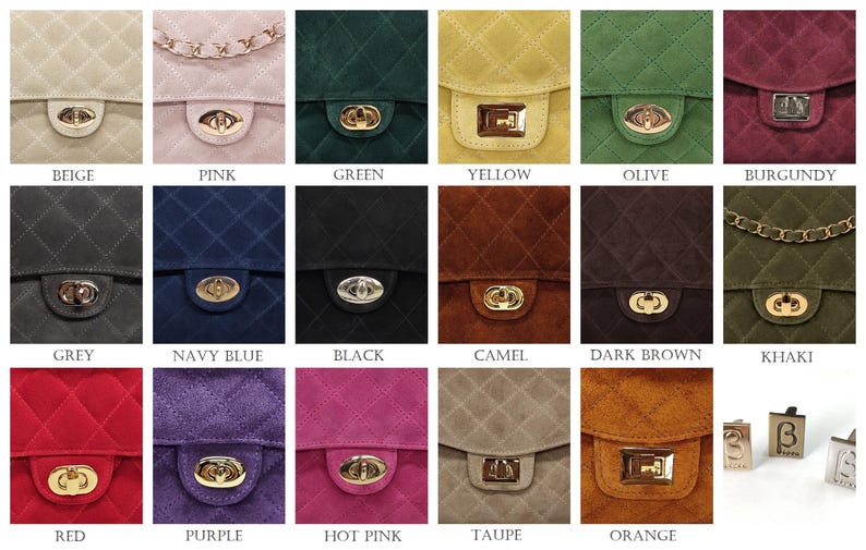 May include: A collection of quilted handbags in various colors including beige, pink, green, yellow, olive, burgundy, grey, navy blue, black, camel, dark brown, khaki, red, purple, hot pink, taupe, and orange, each featuring a metallic twist lock.
