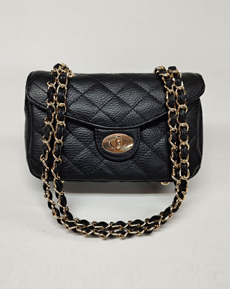 Single Flap Genuine Grained Leather Crossbody Bag, Quilted Shoulder Bag, Elegant Handbag, Stylish Bag, Eternal Fashion Bag, Made in Greece Black