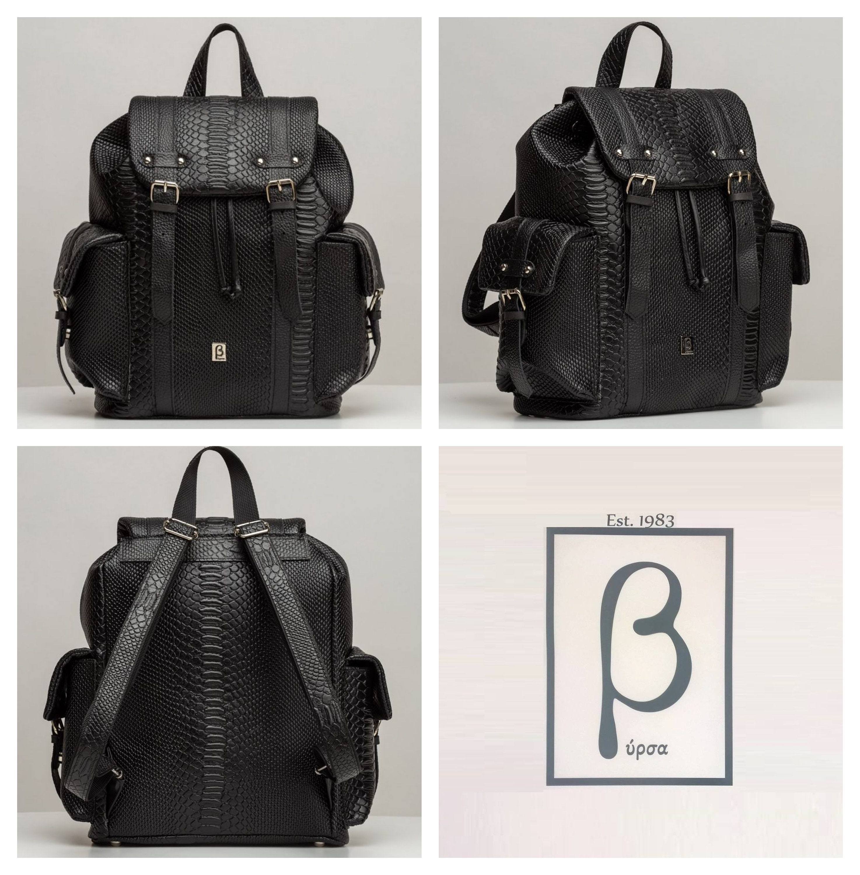 Black Snake Skin Style Leather Backpack Black Calfskin Women 
