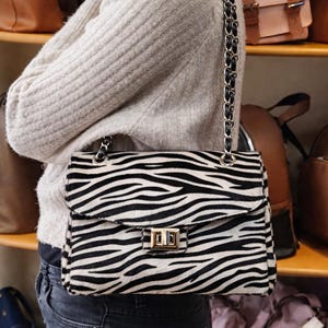 May include: A rectangular shoulder bag featuring a black and white zebra stripe pattern. The bag has a fold-over flap with a gold-tone rectangular turn-lock closure and a shoulder strap made of a silver-tone metal chain interwoven with black leather.