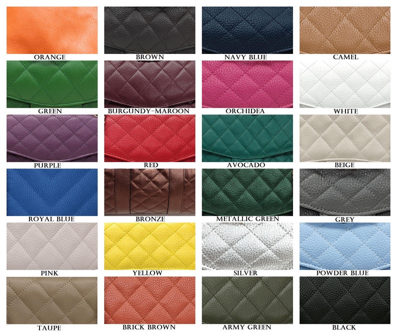May include: A grid of twenty-four swatches displaying various colors and textures of quilted material. Each square features a diamond-stitched pattern with labels including orange, brown, navy blue, camel, green, burgundy-maroon, orchidea, white, purple, red, avocado, beige, royal blue, bronze, metallic green, grey, pink, yellow, silver, powder blue, taupe, brick brown, army green, and black.