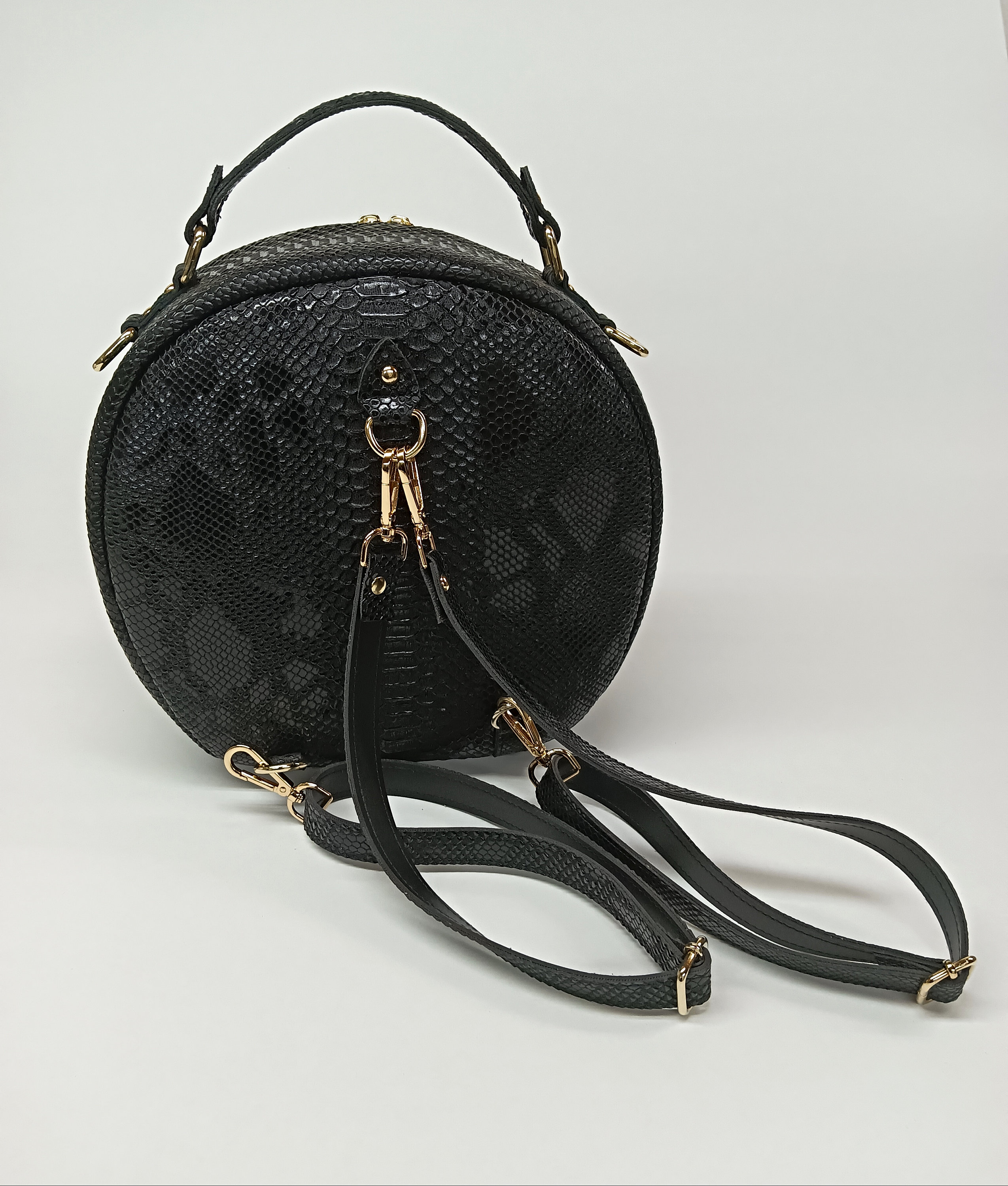 Black Snake Skin Hat Box Bag: Handmade PU Leather Shoulder  display picture 2