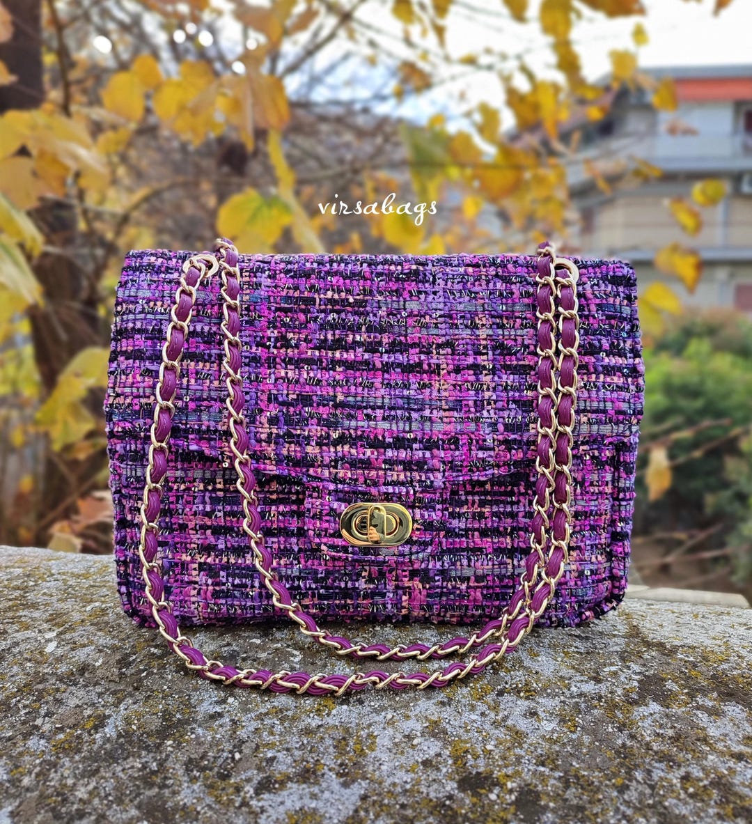 Top Quality Tweed Large Shoulder Bag, Double Flap Boho Bag
