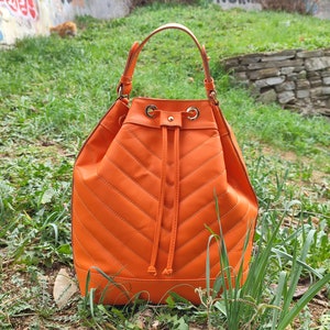 DIAMONDS CONVERTIBLE XL Genuine Leather Pouch, Quilted Elegant Shoulder Bag, Unique Backpack, Women Crossbody Bag, Timeless Fashion Bag Orange