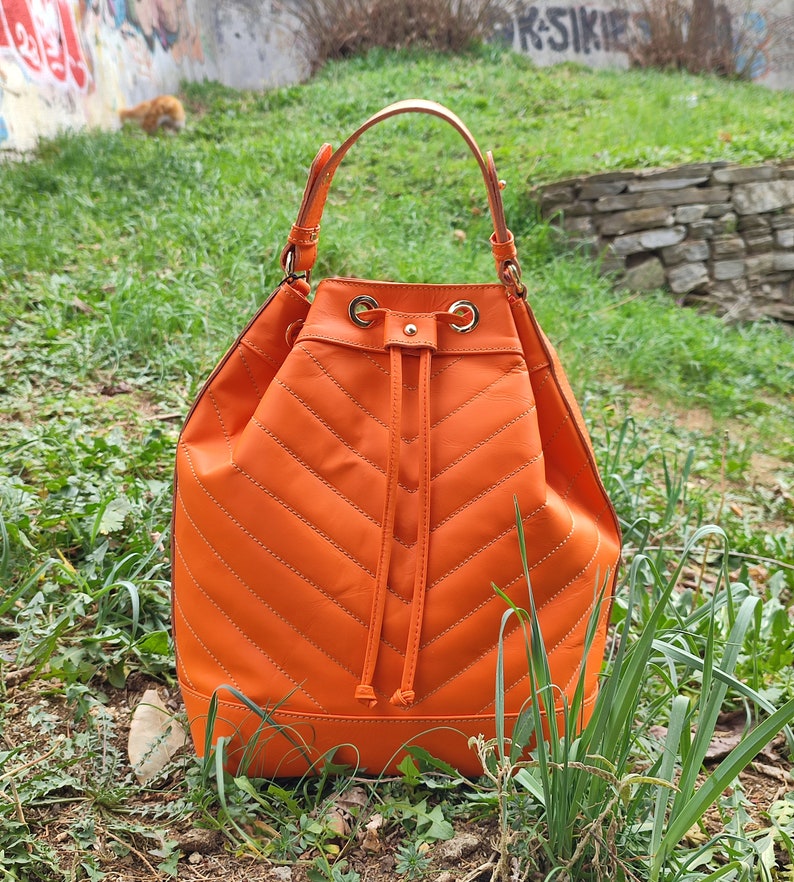 DIAMONDS CONVERTIBLE XL Genuine Leather Pouch, Quilted Elegant Shoulder Bag, Unique Backpack, Women Crossbody Bag, Timeless Fashion Bag Orange