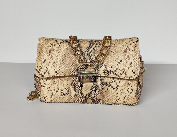 Sac à Main Soirée Be & D USA - Cuir Marron Effet Peau De Serpent - Bandoulière 21"