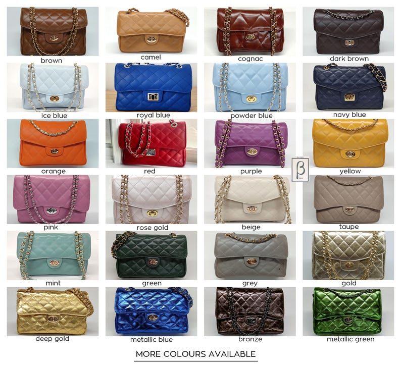 May include: A collection of twenty-four quilted shoulder bags with chain straps and metal turn-lock closures, displayed in a grid of various colors including brown, camel, cognac, dark brown, ice blue, royal blue, powder blue, navy, orange, red, purple, yellow, pink, rose gold, beige, taupe, mint, green, grey, gold, deep gold, metallic blue, bronze, and metallic green.