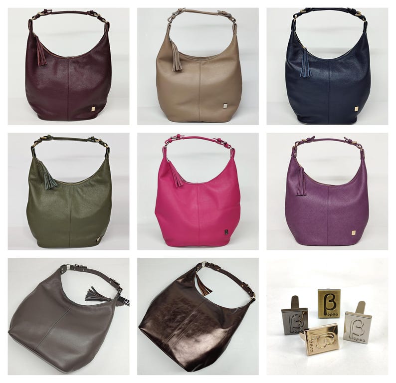 May include: A collection of hobo-style shoulder bags in various colors including burgundy, beige, navy, olive green, hot pink, purple, and metallic brown, each featuring a single handle, a side tassel, and a small rectangular logo plaque.